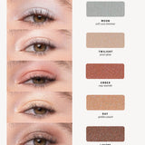 Ere Perez Light Shimmer shade chart with five eye close-ups on light skin and matching shimmering swatches: Moon, cool silver shimmer; Twilight, pearl glow; Ember, rosy warmth; Ray, golden peach; and Lustre, bronze sheen.