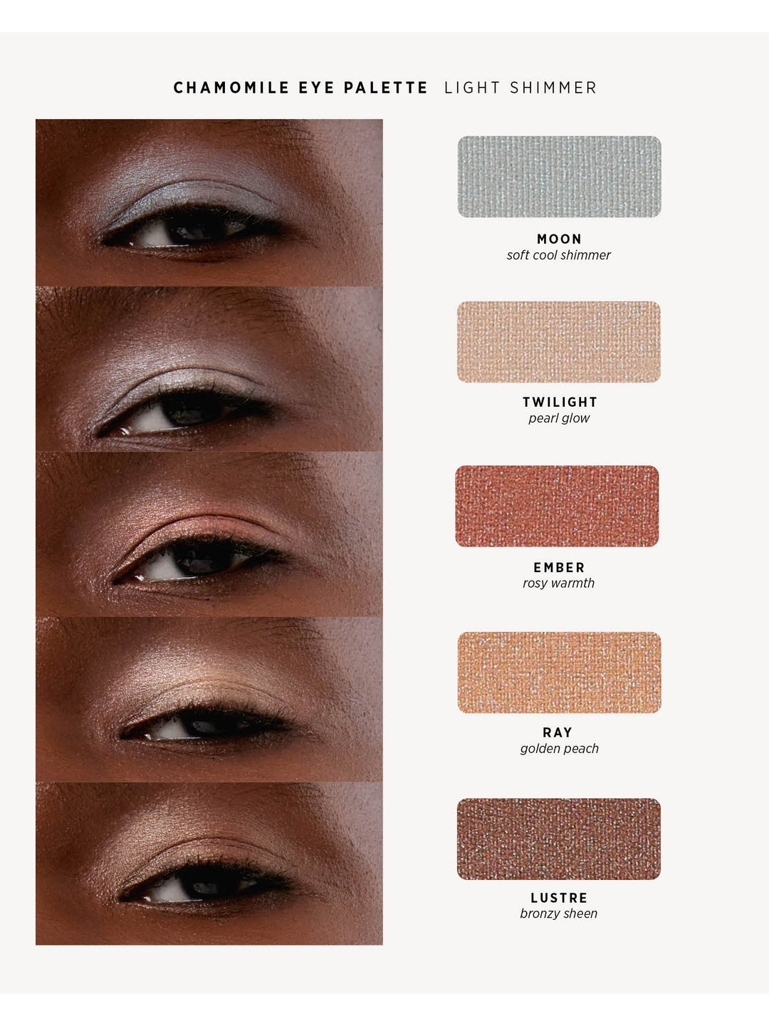 Ere Perez Light Shimmer shade chart with five eye close-ups on deep skin and matching shimmering swatches: Moon, cool silver shimmer; Twilight, pearl glow; Ember, rosy warmth; Ray, golden peach; and Lustre, bronze sheen.