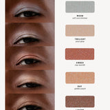 Ere Perez Light Shimmer shade chart with five eye close-ups on deep skin and matching shimmering swatches: Moon, cool silver shimmer; Twilight, pearl glow; Ember, rosy warmth; Ray, golden peach; and Lustre, bronze sheen.