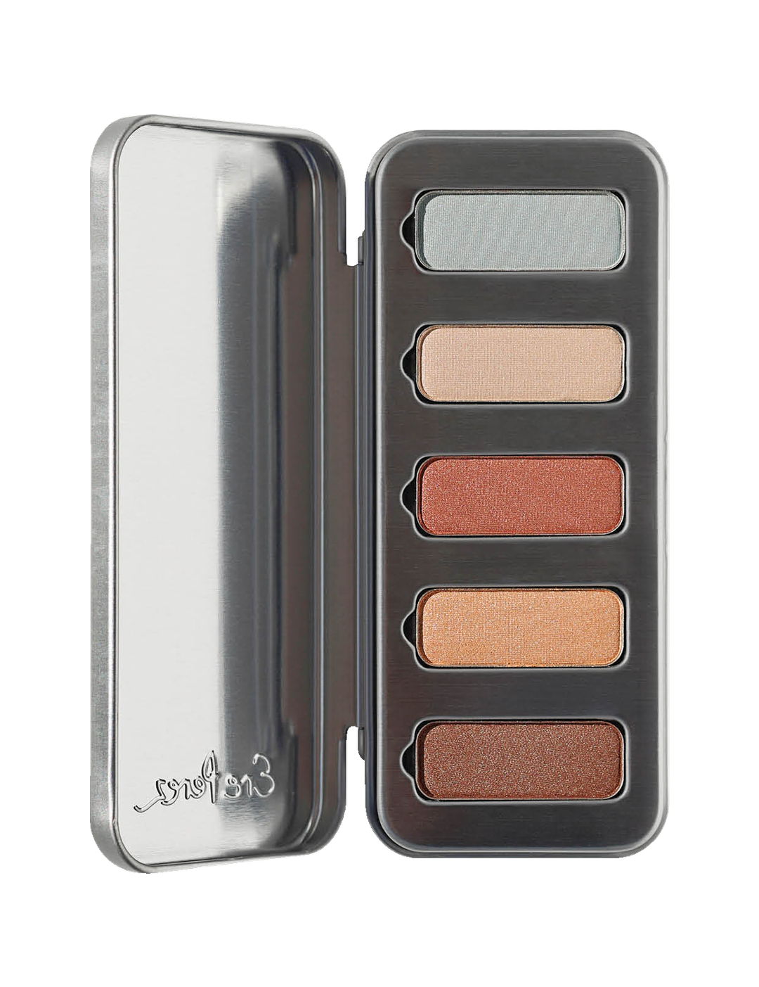 Ere Perez Chamomile Eye Palette in Light Shimmer, open silver case showing five shimmering eyeshadows in cool silver, pearl, rosy copper, golden peach and bronze, centred on white.