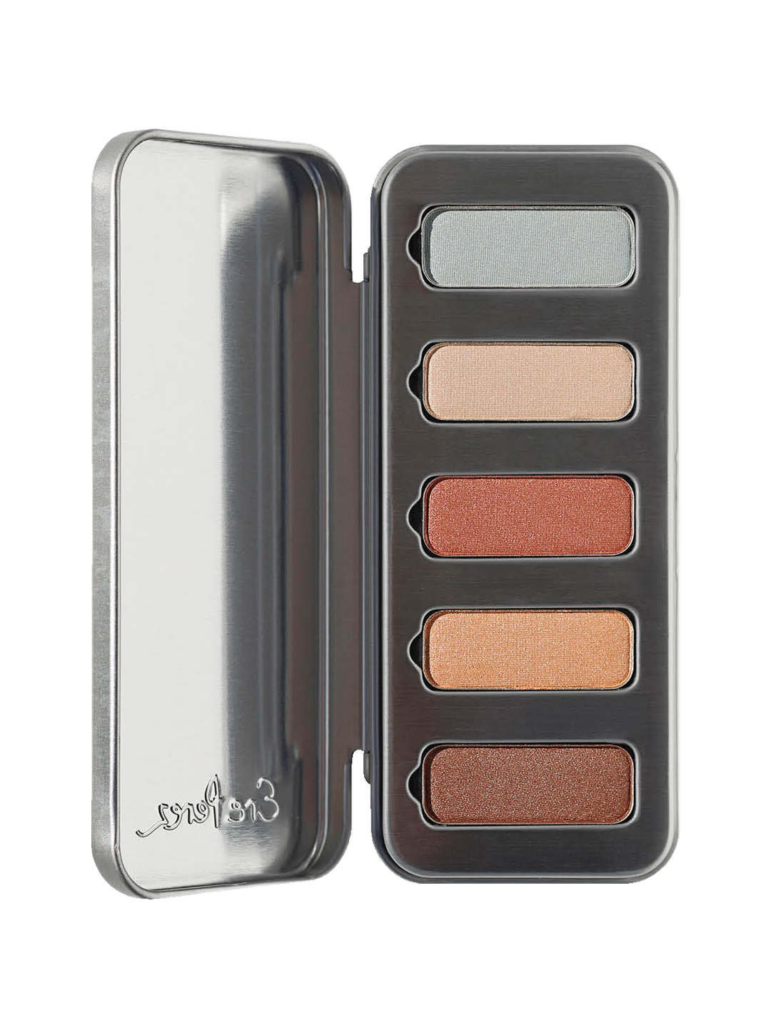 Ere Perez Chamomile Eye Palette in Light Shimmer, open silver case showing five shimmering eyeshadows in cool silver, pearl, rosy copper, golden peach and bronze, centred on white.