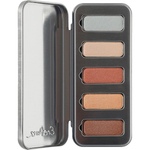 Ere Perez Chamomile Eye Palette in Light Shimmer, open silver case showing five shimmering eyeshadows in cool silver, pearl, rosy copper, golden peach and bronze, centred on white.