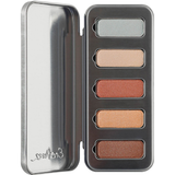 Ere Perez Chamomile Eye Palette in Light Shimmer, open silver case showing five shimmering eyeshadows in cool silver, pearl, rosy copper, golden peach and bronze, centred on white.