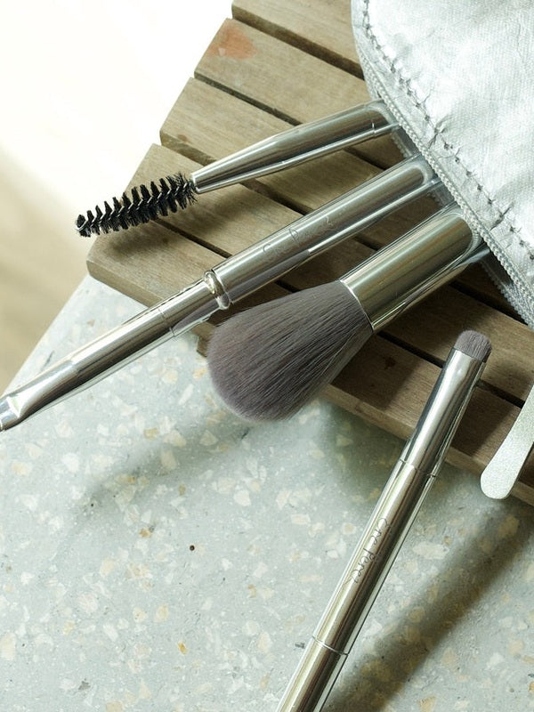 Ere Perez Eco Vegan Essential Brush Set – makeup brushes and pouch styled together
