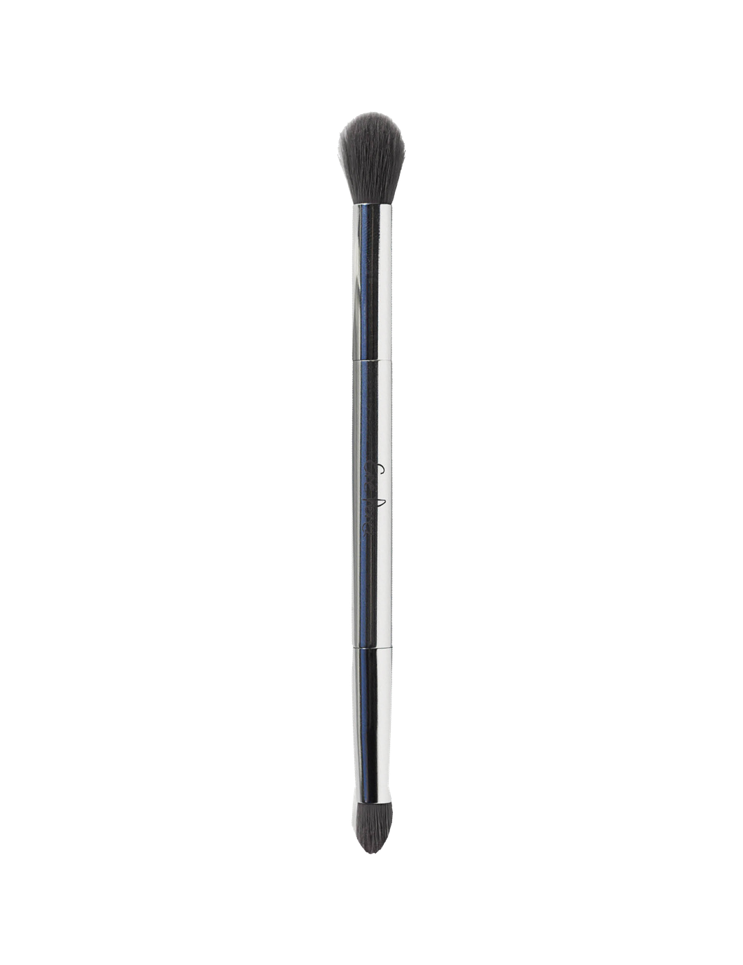 Ere Perez Eco Vegan Eye Duo Brush standing upright on white, with a polished silver handle, a large rounded blending head and a smaller tapered detail head.