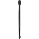 Ere Perez Eco Vegan Eye Duo Brush standing upright on white, with a polished silver handle, a large rounded blending head and a smaller tapered detail head.