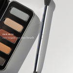 Ere Perez Eco Vegan Eye Duo Brush beside the open Light Shimmer Chamomile Eye Palette. Both dark bristle heads and the silver handle are visible; text reads 'Pair with eco vegan eye duo brush'.
