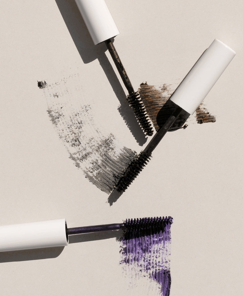 Ere Perez Natural Almond Mascara wands and colour swatches