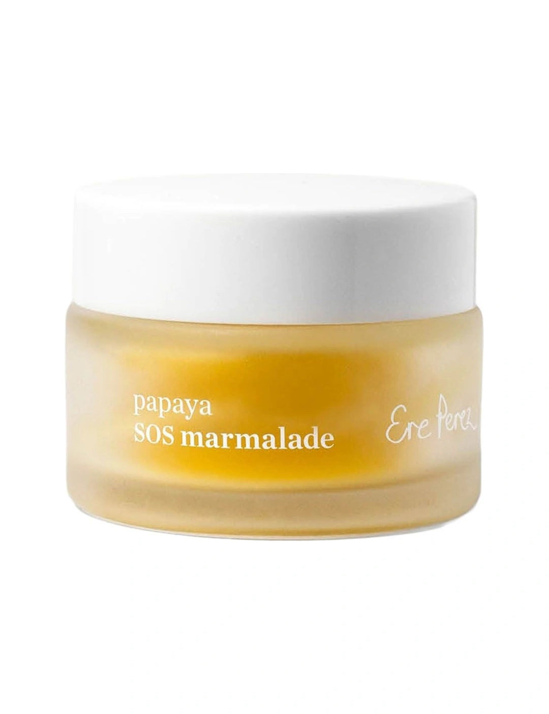 Ere Perez Papaya SOS Marmalade in a low frosted glass jar, showing bright golden-orange balm through the sides, with a broad white lid and white product lettering.