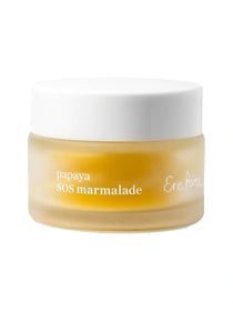 Ere Perez Papaya SOS Marmalade in a low frosted glass jar, showing bright golden-orange balm through the sides, with a broad white lid and white product lettering.