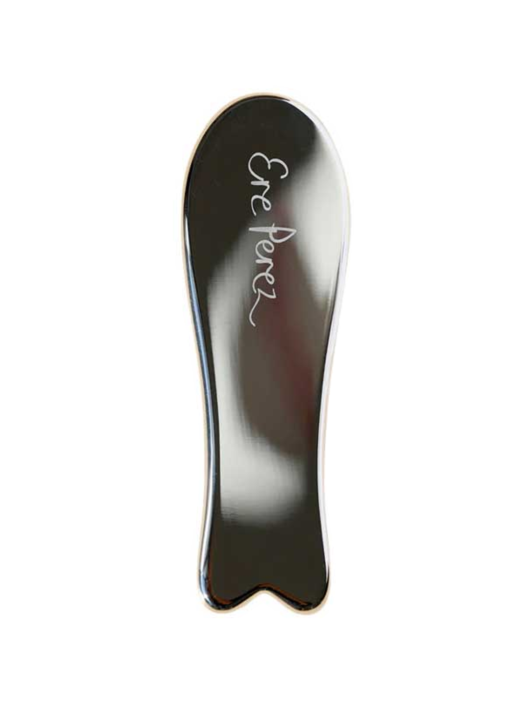The Ere Perez Steel Face Tool is a shiny, curved stainless steel gua sha with "Ere Perez" etched on it. Designed with smooth edges and a rounded, flared base for effective facial massage. Displayed on a white background.