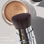 Ere Perez Vanilla Highlighter Balm – Sun Halo highlighter styled with a makeup brush