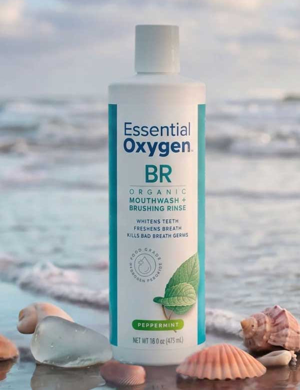 Essential Oxygen peppermint mouthwash by the ocean