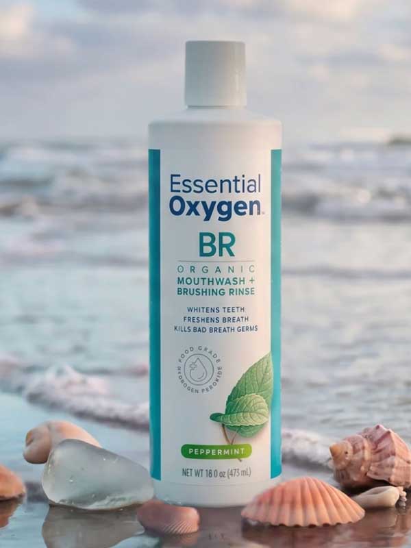 Essential Oxygen peppermint mouthwash by the ocean