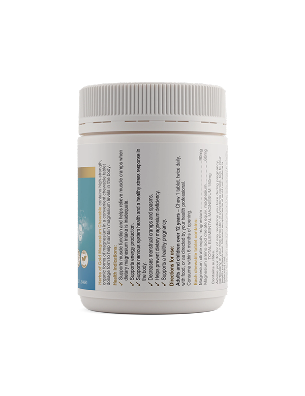 Back of the Herbs of Gold Magnesium Chewable tub showing ingredients