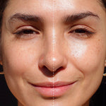 Before and after of a woman's face showing the glow from Ere Perez Moringa All-Beauty Creme