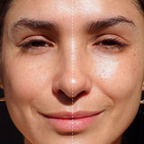 Before and after of a woman's face showing the glow from Ere Perez Moringa All-Beauty Creme