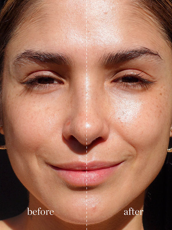 Before and after of a woman's face showing the glow from Ere Perez Moringa All-Beauty Creme