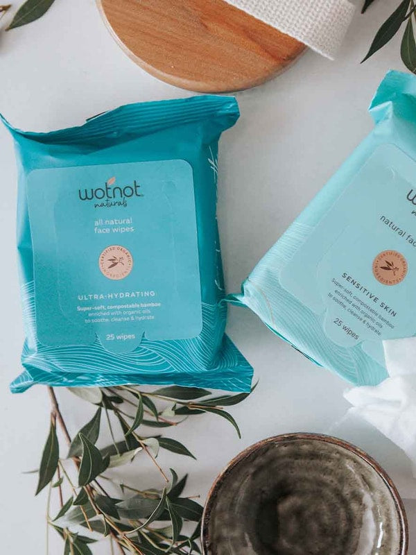 Wotnot Sensitive and Ultra-Hydrating Face Wipes styled with botanicals