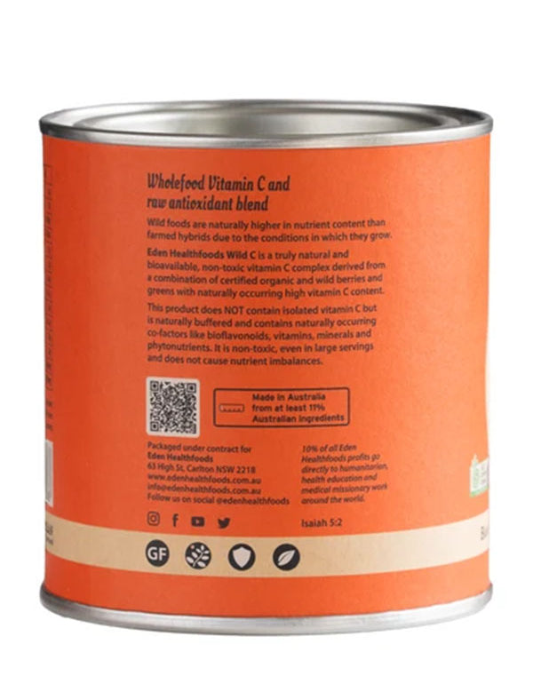 Back of the Eden Healthfoods Wild C tin describing its wholefood vitamin C and raw antioxidant blend