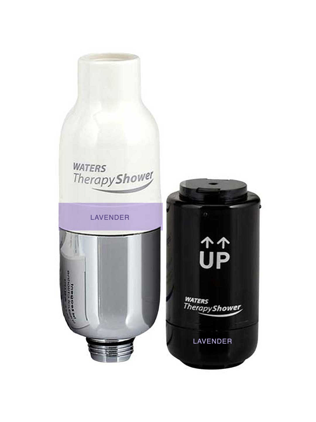 Waters Therapy Shower lavender filter cartridge shown with its white and silver top section and a separate black cylindrical filter piece on a plain white background.