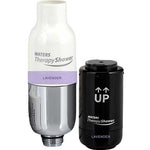 Waters Therapy Shower lavender filter cartridge shown with its white and silver top section and a separate black cylindrical filter piece on a plain white background.