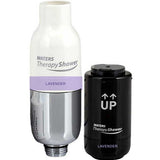Waters Therapy Shower lavender filter cartridge shown with its white and silver top section and a separate black cylindrical filter piece on a plain white background.
