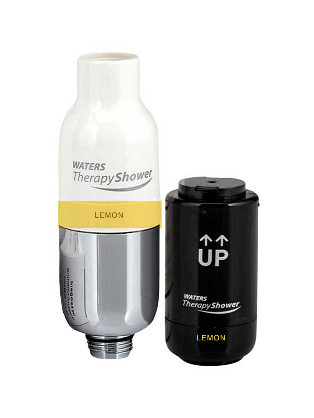 Waters Therapy Shower filter cartridge set in Lemon flavor, showing the white and silver top section of the shower head with the yellow lemon label, next to the black cylindrical replacement filter cartridge with white UP arrows.