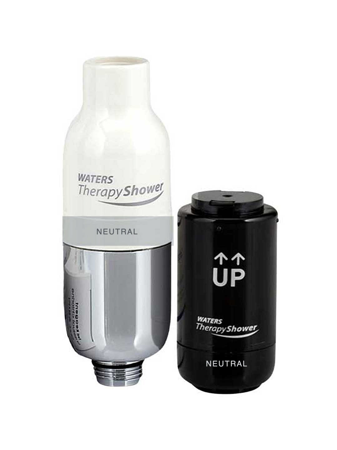 Waters Therapy Shower lavender filter cartridge shown with its white and silver top section and a separate black cylindrical filter piece on a plain white background.