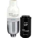 Waters Therapy Shower lavender filter cartridge shown with its white and silver top section and a separate black cylindrical filter piece on a plain white background.