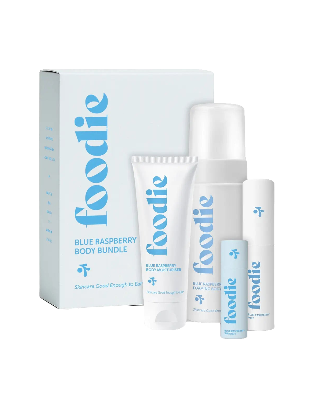 Foodie Blue Raspberry Body Bundle 4pc, gift box and four products on a white background.