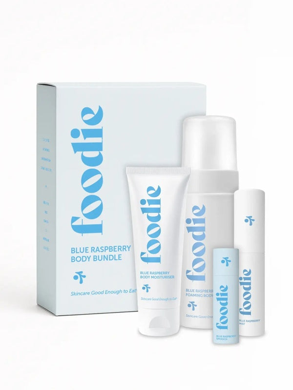 Vanessa Megan Foodie Blue Raspberry four-piece Body Bundle: foaming body wash, body moisturiser, face and body mist, and lip balm standing with the matching gift box against a light background.