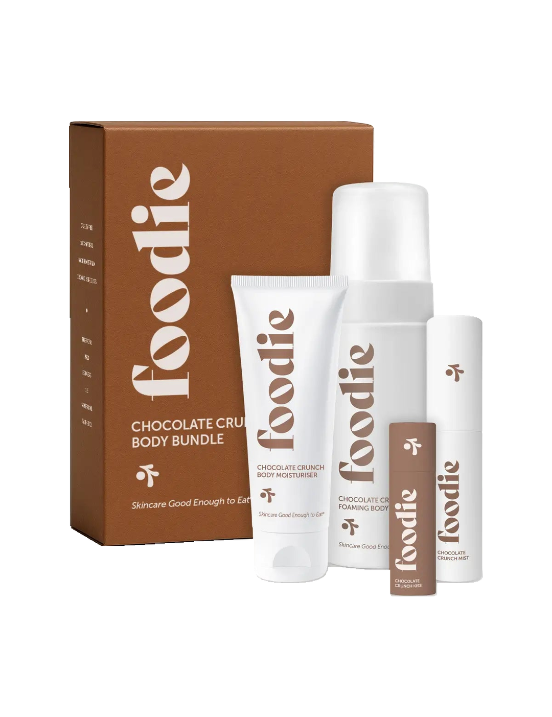 Foodie Chocolate Crunch Body Bundle 4pc, gift box and four products on a white background.