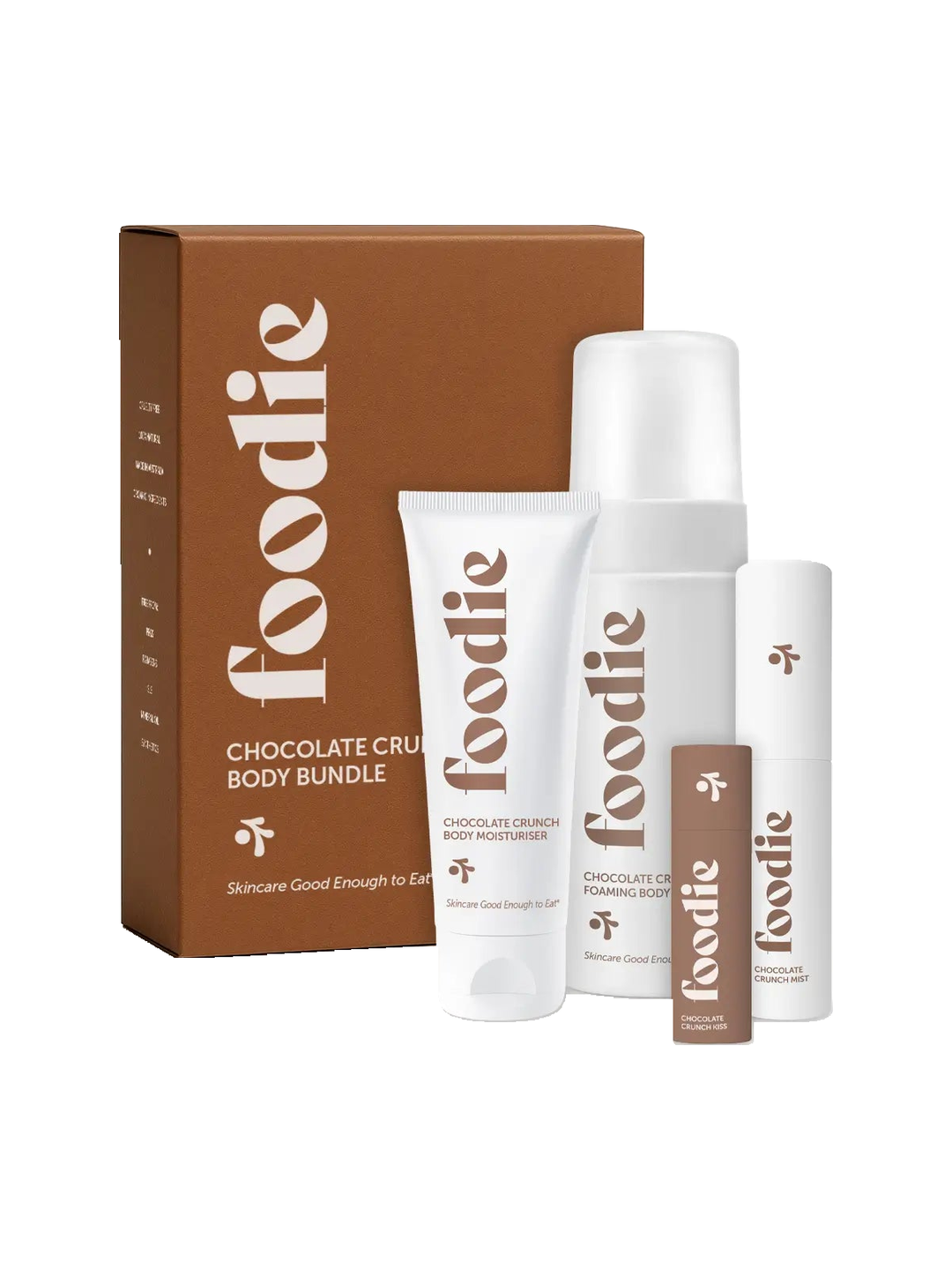 Foodie Chocolate Crunch Body Bundle 4pc, gift box and four products on a white background.