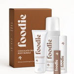 Vanessa Megan Foodie Chocolate Crunch four-piece Body Bundle: foaming body wash, body moisturiser, face and body mist, and lip balm standing with the matching gift box against a light background.