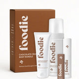 Vanessa Megan Foodie Chocolate Crunch four-piece Body Bundle: foaming body wash, body moisturiser, face and body mist, and lip balm standing with the matching gift box against a light background.
