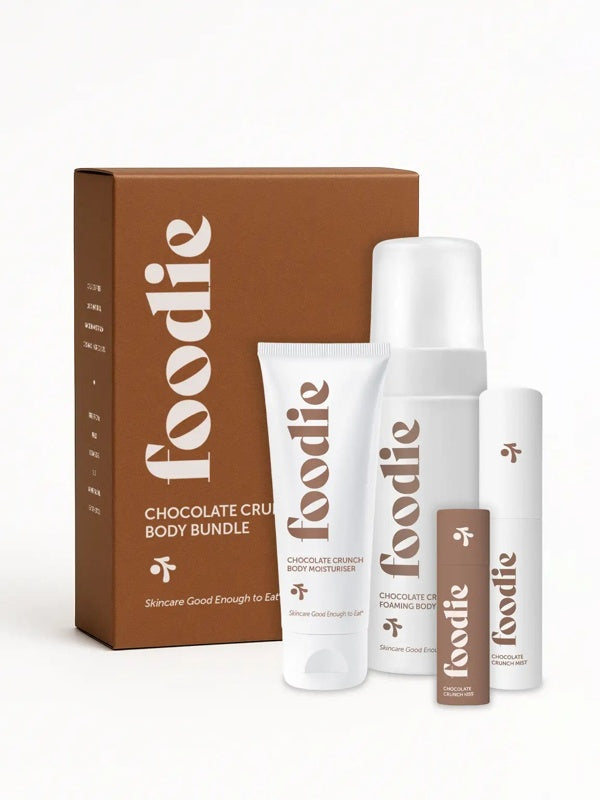 Vanessa Megan Foodie Chocolate Crunch four-piece Body Bundle: foaming body wash, body moisturiser, face and body mist, and lip balm standing with the matching gift box against a light background.