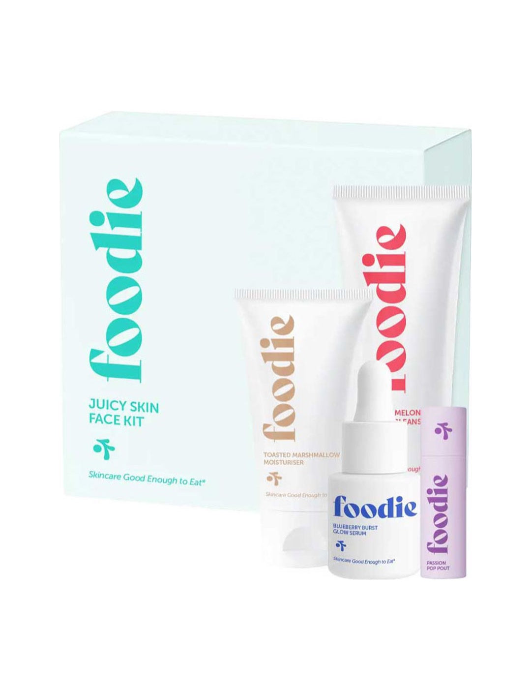 Foodie Juicy Skin Face Kit 4pc with box and four skincare products on white