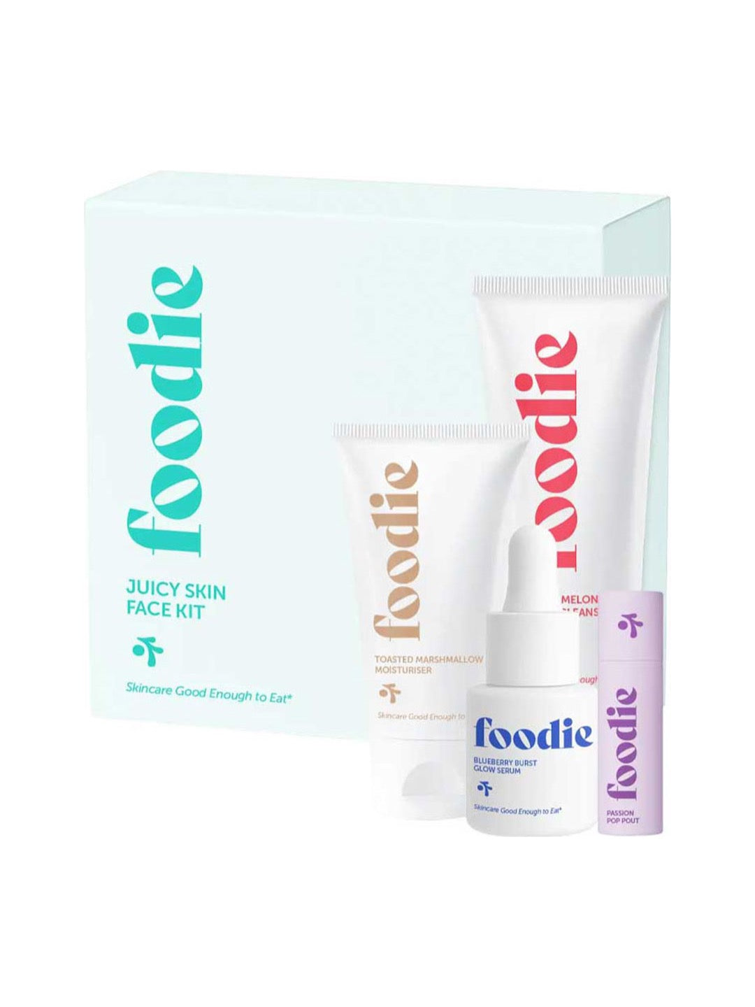 Foodie Juicy Skin Face Kit 4pc with box and four skincare products on white