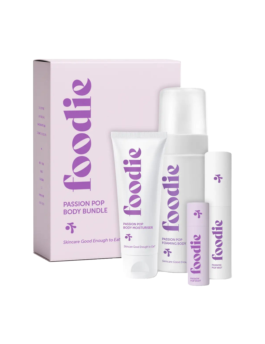 Foodie Passion Pop Body Bundle 4pc, gift box and four products on a white background.