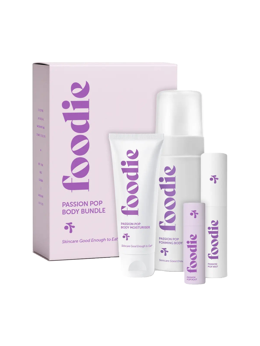 Foodie Passion Pop Body Bundle 4pc, gift box and four products on a white background.