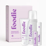 Vanessa Megan Foodie Passion Pop four-piece Body Bundle: foaming body wash, body moisturiser, face and body mist, and lip balm standing with the matching gift box against a light background.