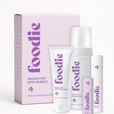 Vanessa Megan Foodie Passion Pop four-piece Body Bundle: foaming body wash, body moisturiser, face and body mist, and lip balm standing with the matching gift box against a light background.