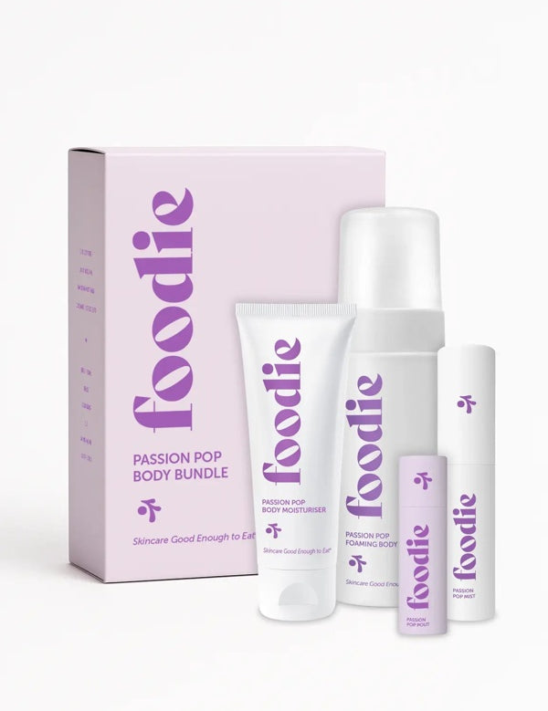Vanessa Megan Foodie Passion Pop four-piece Body Bundle: foaming body wash, body moisturiser, face and body mist, and lip balm standing with the matching gift box against a light background.