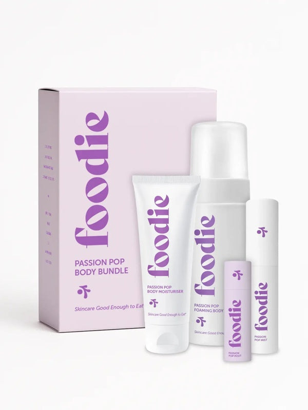 Vanessa Megan Foodie Passion Pop four-piece Body Bundle: foaming body wash, body moisturiser, face and body mist, and lip balm standing with the matching gift box against a light background.