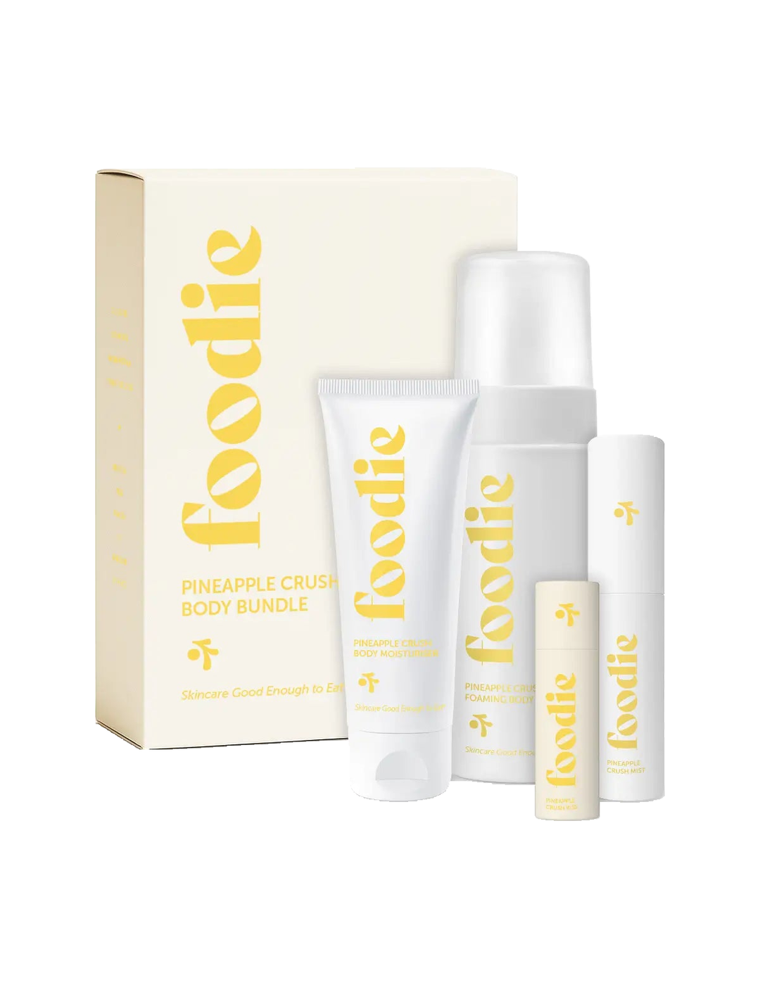 Foodie Pineapple Crush Body Bundle 4pc, gift box and four products on a white background.