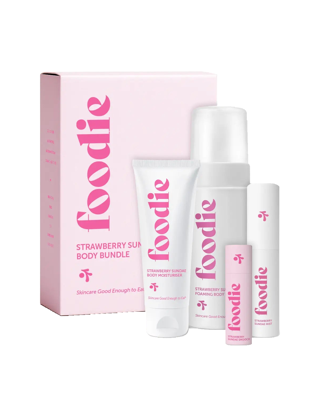 Foodie Strawberry Sundae Body Bundle 4pc, gift box and four products on a white background.