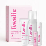 Vanessa Megan Foodie Strawberry Sundae four-piece Body Bundle: foaming body wash, body moisturiser, face and body mist, and lip balm standing with the matching gift box against a light background.