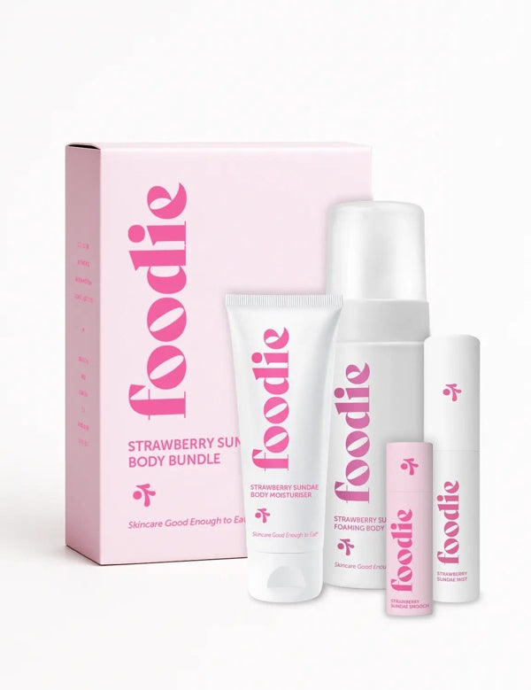 Vanessa Megan Foodie Strawberry Sundae four-piece Body Bundle: foaming body wash, body moisturiser, face and body mist, and lip balm standing with the matching gift box against a light background.