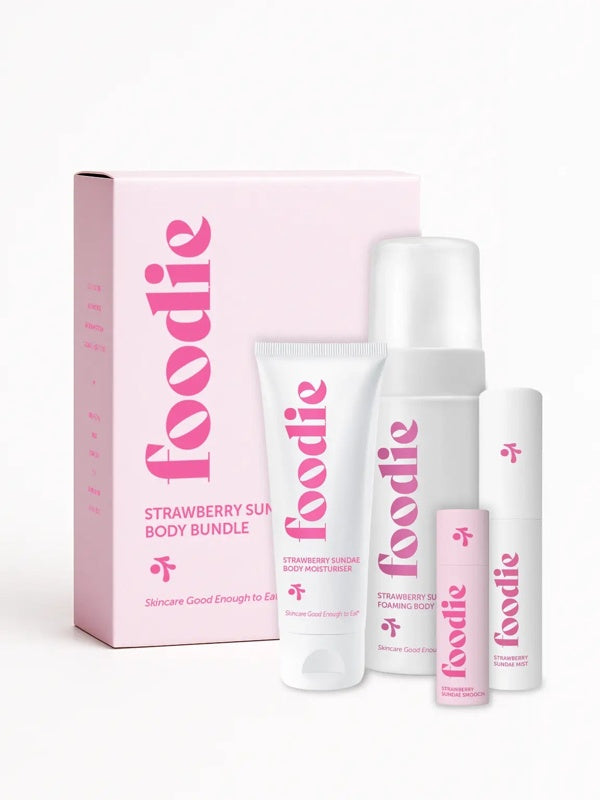 Vanessa Megan Foodie Strawberry Sundae four-piece Body Bundle: foaming body wash, body moisturiser, face and body mist, and lip balm standing with the matching gift box against a light background.